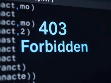 High-contrast terminal screen showing a 403 Forbidden status code in electric blue, dark-mode UI photography