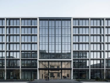 Straight-on architectural shot of a modern minimalist office building exterior, clean steel and glass lines, bright cool daylight, slate gray reflections, negative space.