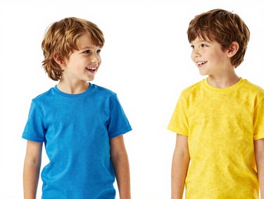 Two cheerful children in colorful organic cotton t-shirts playing, bright studio setting, high-key lighting, 50mm