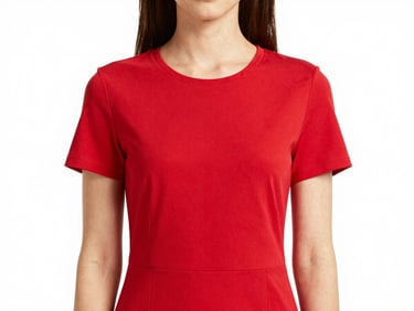 Bright studio shot of a woman in a vibrant red dress, clean white background, high-key lighting, sharp focus, 50mm