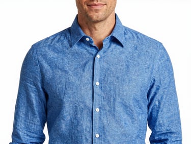 Clean commercial portrait of a man in a blue linen shirt, bright studio backdrop, soft shadows, 50mm