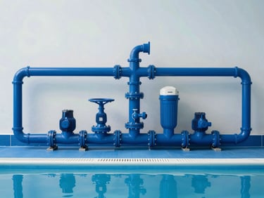 Sharp straight-on shot of a clean commercial pool pump room with blue pipes, valves, and filtration equipment