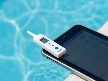 Close-up of professional commercial pool chemical testing kit and digital tablet showing water logs, bright Florida sun