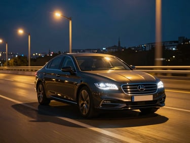 Polished dark sedan moving smoothly on a wide Istanbul highway at night, cinematic motion blur, golden streetlights.