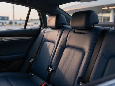 Cinematic close-up of a clean leather interior of a luxury sedan, soft dashboard lights, airport terminal in the blurred background.