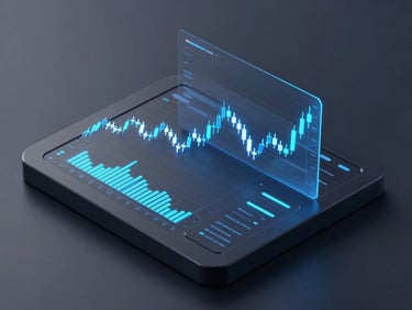 Isometric 3D render of a dark financial dashboard interface, glowing neon blue candlestick charts, holographic heatmap overlay, ultra-detailed UI elements.