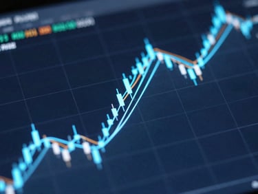Extreme close-up of a dark mode financial candlestick chart with neon blue lines, glowing heatmap nodes, and a sleek glassmorphic UI overlay