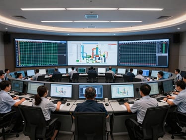 Wide panoramic shot of an energy sector control room, operators seated at large curved monitoring desks with multiple screens displaying grid and pipeline data, cool overhead lighting, no faces clearly visible