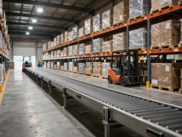 Wide shot inside a logistics distribution center, warehouse floor with conveyor systems and organized shelving under bright industrial lighting, forklifts in the background, no people visible in foreground