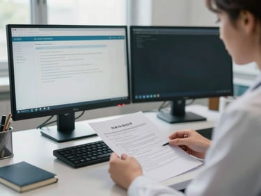 Healthcare administrative office, person reviewing documents at a desk with dual monitors, natural daylight from window, clean and organized workspace