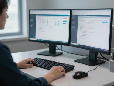 Close-up of a healthcare IT workstation in a clinical office, dual monitors displaying patient management software, keyboard and mouse on a clean desk, cool daylight from a window to the left