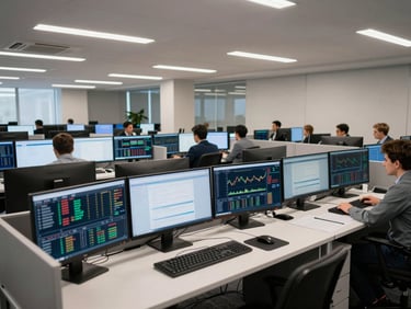 Wide environmental shot of a financial services office, rows of analyst workstations with multiple monitors showing financial dashboards, cool overhead lighting, no faces visible, clean corporate atmosphere