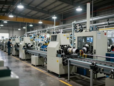 Wide shot of an active manufacturing floor, machinery and conveyor systems in operation, industrial overhead lighting, no people in foreground