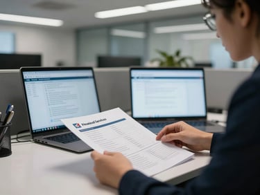Financial services office interior, person working at a desk reviewing printed reports and a laptop screen, cool overhead lighting, professional workspace