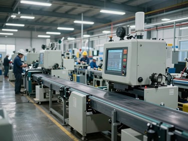 Wide shot of an active manufacturing floor, industrial machinery and conveyor belts under bright overhead lighting, workers in hard hats visible at workstations in the background, cool industrial atmosphere
