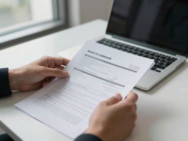 Close-up of hands reviewing documents on a desk in a professional services office, laptop open to a structured report, cool natural window light from the left, clean and orderly workspace