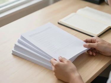 Close-up overhead view of hands organizing neatly arranged paper documents and a open ledger on a clean light-wood desk, soft diffused natural window light from the left, no clutter, calm and competent atmosphere