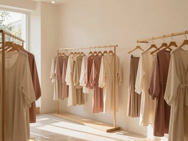 The warm, minimalist interior of a boutique fashion store in Ampang, with soft cream walls, light wood clothing racks, and elegant fabrics hanging, warm golden daylight streaming in
