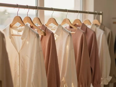 New arrivals display featuring minimalist accessories and fresh seasonal apparel in warm light