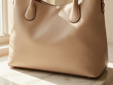 Close-up of a structured leather handbag in sand beige, resting on a marble surface with soft shadows