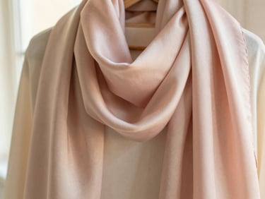 Softly draped silk scarves in pastel pink and champagne tones, showing delicate texture and weave
