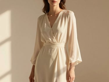 An elegant warm-toned portrait of a woman wearing a flowing cream dress, soft lighting, minimalist background