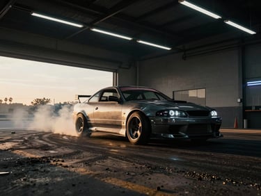 Dynamic low-angle wide shot of a modified car drifting on a track, tire smoke lit by sunset golden hour light, dramatic automotive photography.