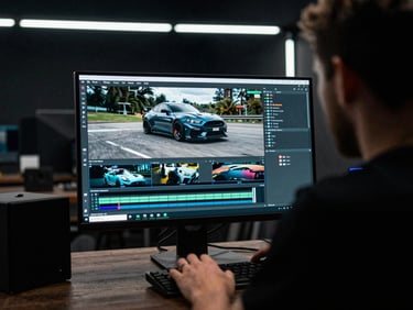 Over-the-shoulder shot of an automotive creator editing high-octane video on a monitor in a moody garage studio