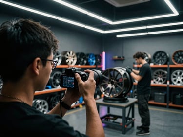 Over-the-shoulder shot of an automotive creator holding a camera, filming a mechanic installing custom wheels in a moody workshop with neon accents.