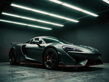 Low-angle dramatic shot of a sports car being wrapped in matte vinyl inside a dark garage, neon green overhead LED workspace lighting, 35mm film grain.