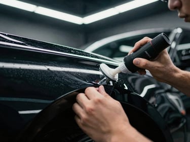 Close-up macro shot of hands applying a ceramic coating to a black car fender, dramatic high-gloss paint reflections under sharp garage studio lighting.