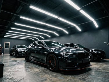 Dynamic wide-angle shot of a busy car detailing bay with clean LED strip lighting, a freshly detailed car reflecting the lights