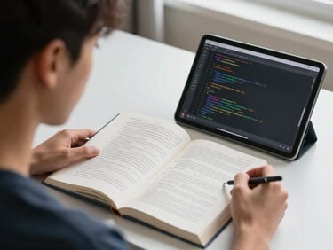 Over-the-shoulder shot of a student reading a technical book next to a clean tablet displaying code, natural morning light, quiet study room.