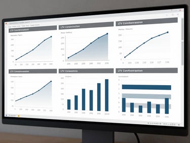 Wide panoramic render of a full-page performance report spread across a large monitor, showing LTV curves and cohort charts in steel-gray and white, bright even studio light, document-style layout with no lifestyle imagery