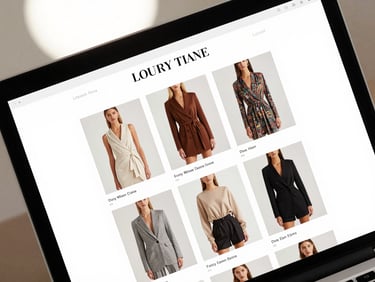 Close-up flat-lay render of a luxury fashion e-commerce product page on a high-resolution monitor, clean white UI, precise typography, studio light from above, no reflections