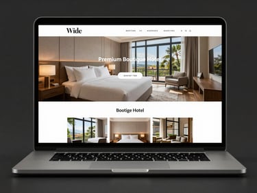 Wide render of a premium boutique hotel booking website on a laptop screen, dark editorial layout with full-bleed room photography, clean sans-serif UI, bright even daylight