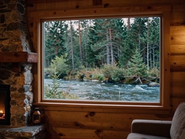 Warm-lit cabin interior with a stone fireplace and wooden details, seen through a window overlooking a pine forest, soft hearth light.