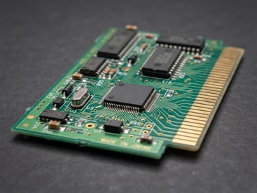 Side-angle view of a green PCB cartridge board with clean soldered IC chips, bright industrial studio lighting, sharp macro focus, dark graphite background, 50mm lens