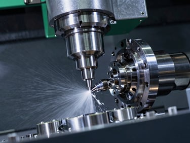 Low-angle shot of a high-speed 5-axis CNC machining center spindle cutting a complex aerospace component, bright coolant spray, sharp metallic reflections.