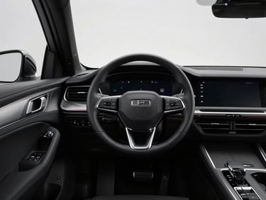 Wide interior shot of a premium dark-toned vehicle dashboard, steering wheel centered frame, ambient backlit controls glowing softly, matte black trim, studio overhead lighting, no people, clean and minimal composition