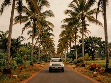 Wide-angle environmental shot of a modern hybrid SUV driving on a narrow, winding rural road lined with tall palms in Sri Lanka, soft tropical overcast light.