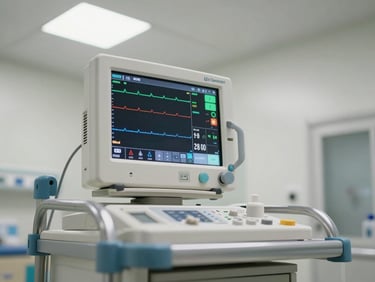 Close-up of a multi-parameter patient monitor control panel mounted on a hospital cart, showing waveform display and numeric readouts, clinical overhead lighting, white clinical room wall in background