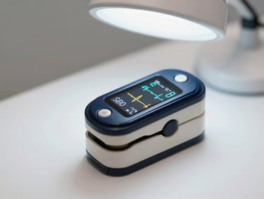 Fingertip pulse oximeter probe close-up on a clinical white surface, SpO2 and heart-rate display screen clearly legible, clinical overhead lighting, clean neutral background