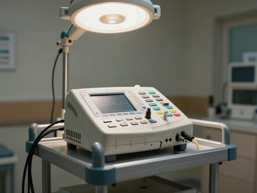 12-lead ECG machine resting on a clinical trolley, cable connections and lead ports clearly visible, consistent clinical overhead lighting, neutral hospital room background