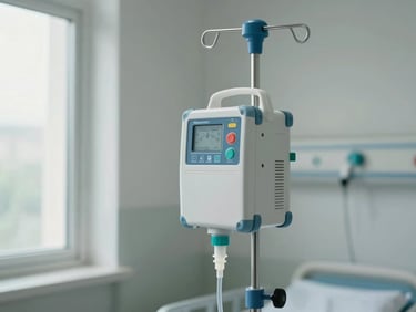 Volumetric infusion pump mounted on an IV pole in a hospital ward, pump face and rate controls clearly visible, natural window light from the left side, clean clinical background