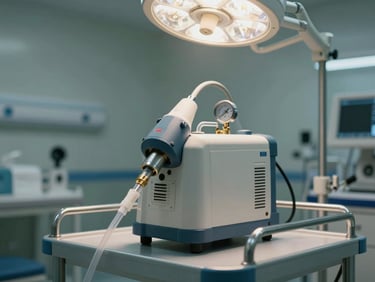 Electric suction machine unit on a clinical trolley showing canister, vacuum gauge, and tubing connections, clinical overhead lighting, hospital room environment in background