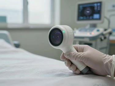 Portable ultrasound probe head held by a single gloved hand against a clinical white surface, transducer face visible, natural daylight from a nearby window, hospital room background out of focus