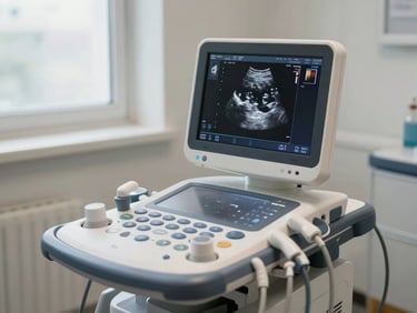 Portable ultrasound device resting on a clinical examination table, probe cable visible, display screen showing greyscale ultrasound image, natural daylight from a window, no people in frame