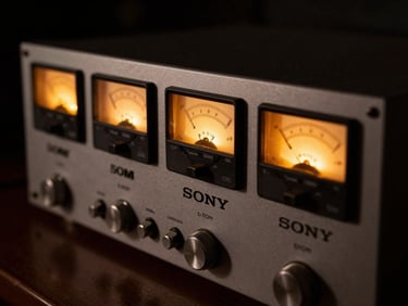 Dramatic close-up of a vintage Sony U-matic broadcast deck, warm amber glows from technical meters, low-key lighting, deep shadows, 50mm