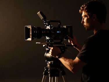 Cinematic low-key behind-the-scenes set shot, director adjusting a camera rig under single-source golden rim light, deep shadows, 35mm anamorphic lens.